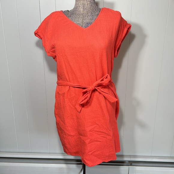 Sonoma Womens Large Orange Short Sleeve Belted Dress V-Neck - Picture 1 of 8